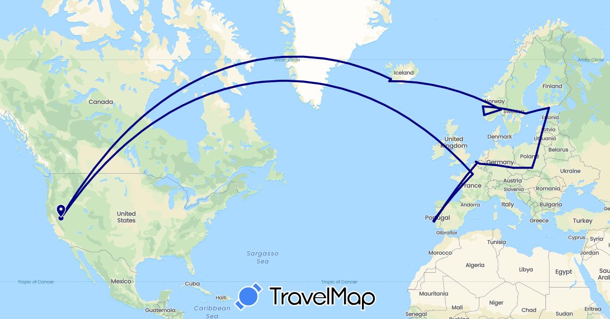 TravelMap itinerary: driving in Belgium, Czech Republic, Finland, France, Iceland, Norway, Poland, Portugal, Sweden, United States (Europe, North America)